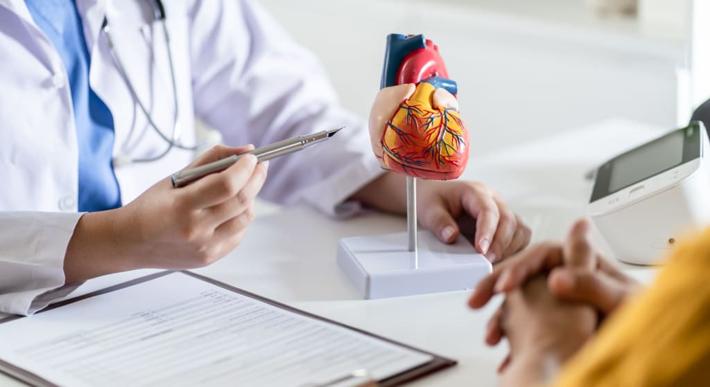 A doctor explains with a pen while pointing to a detailed heart model on a desk; a patient listens across the table beside a clipboard and a blood pressure monitor.